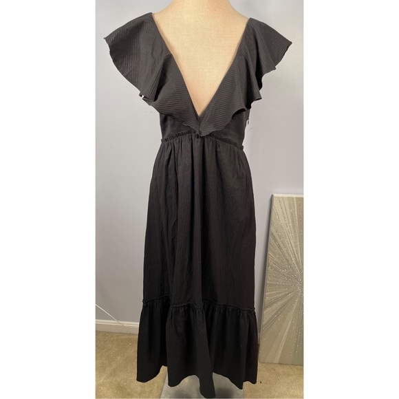 La Ligne De'ete Black Ruffled Stripe Cotton Blend Poplin Maxi Dress Size Medium - Picture 4 of 14